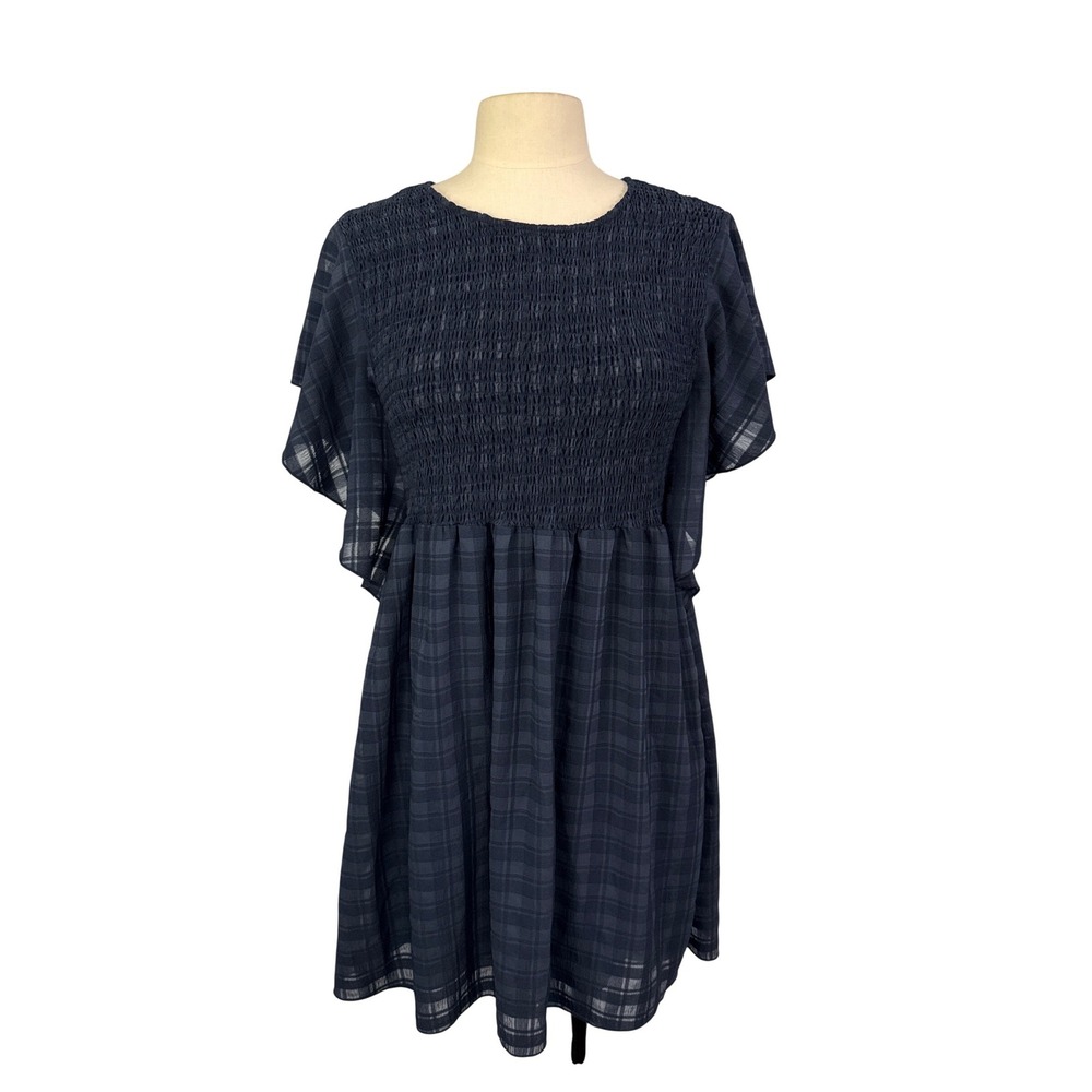 Vanilla Bay Navy Blue Plaid Smocked Flutter Sleeve Mini Dress VD20110 Large